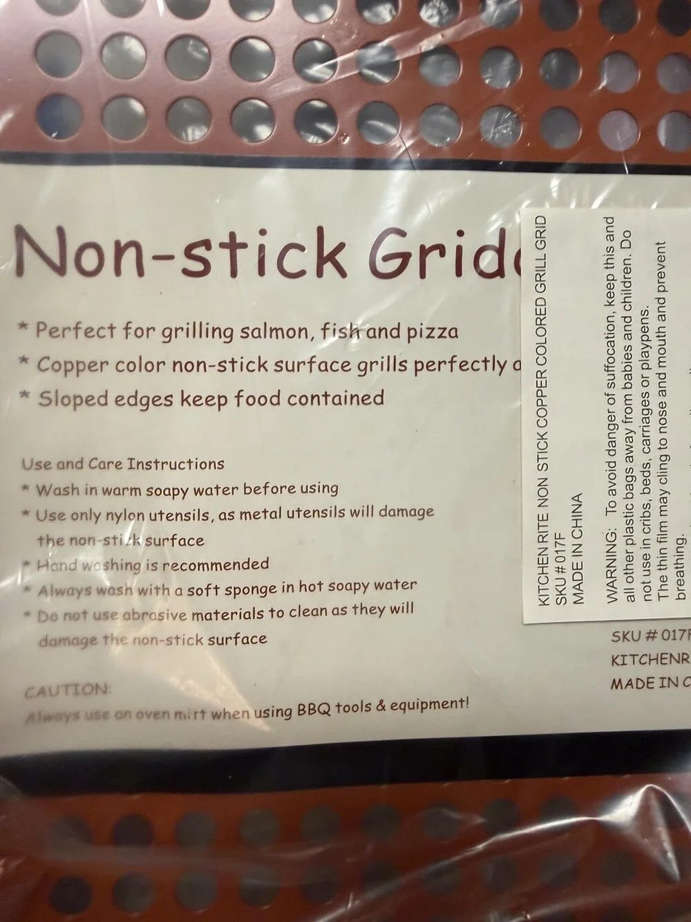Kitchenrite Copper-Colored Non-Stick Grill Grid BBQ Pan NEW